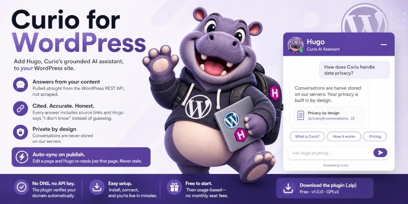 Hugo, the Curio assistant, on a WordPress site